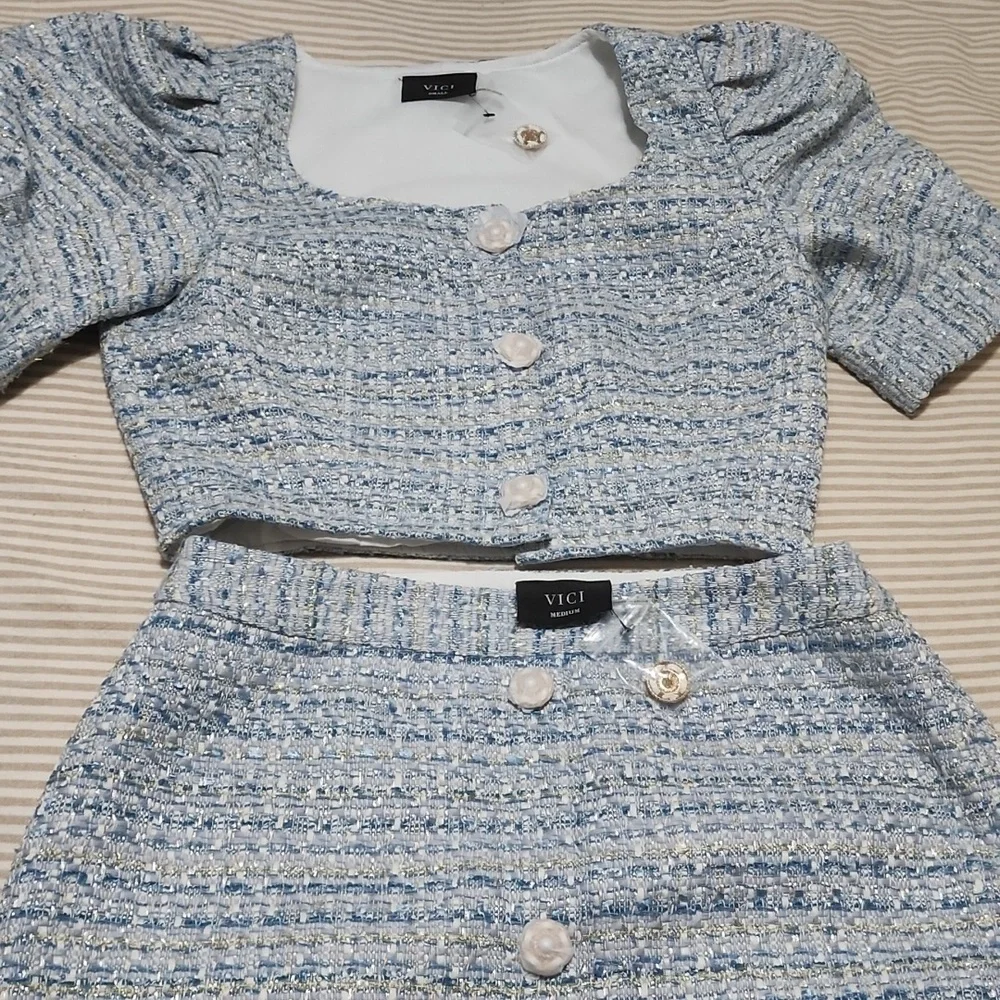 Vici Light Blue Tweed Button Front Crop Top - Picture 3 of 4